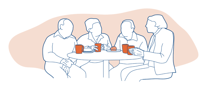 An orange illustration of four people talking to another around a table with cups of coffee