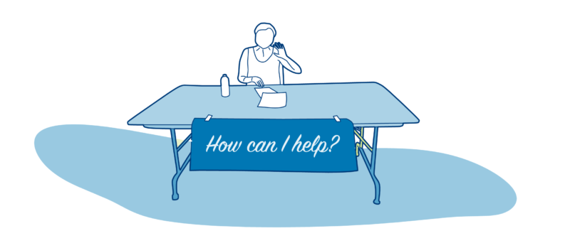 A blue illustration fo a help desk with a person waving behind it