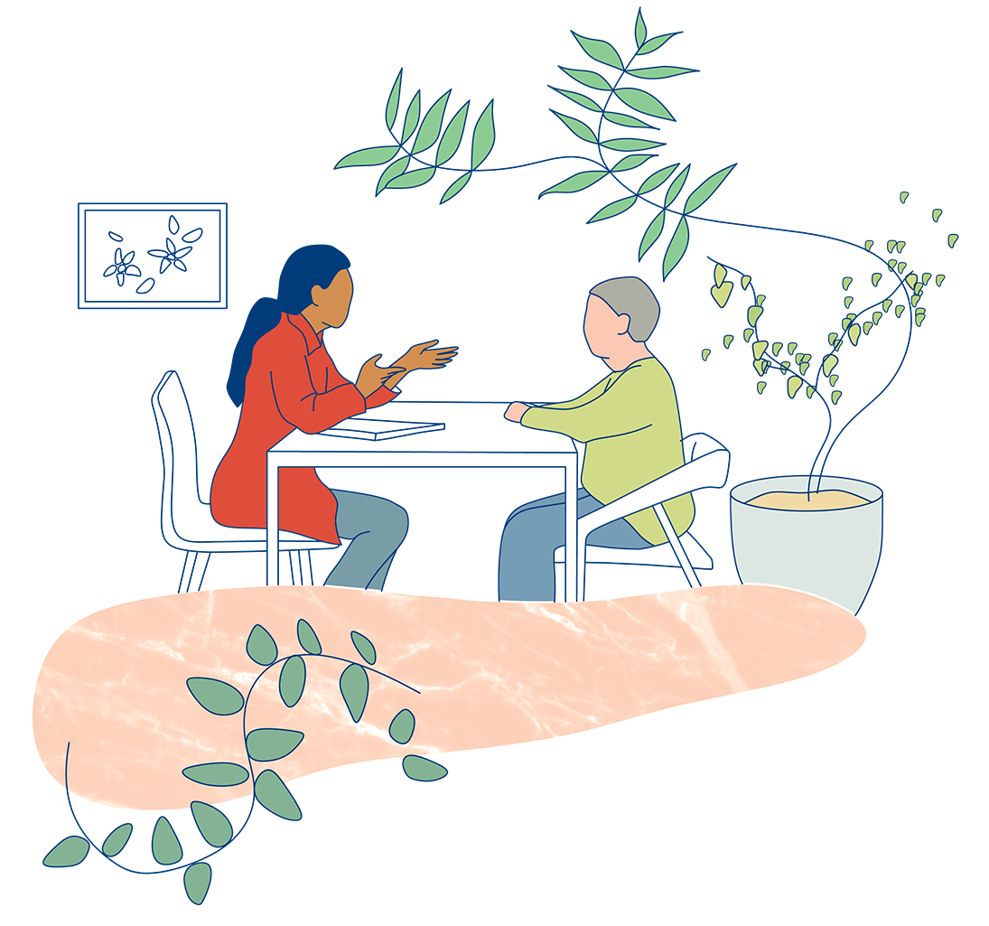 An illustration of a woman in a red tunic speaking with a senior woman in a green shirt at a table with plants around them