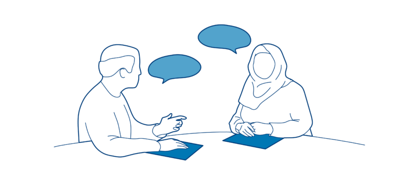 A blue illustration of two people talking to another