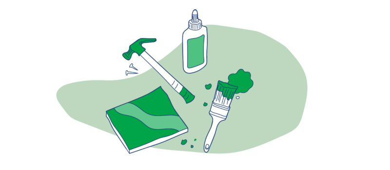 Illustration of a green notebook, paintbrush, hammer and glue