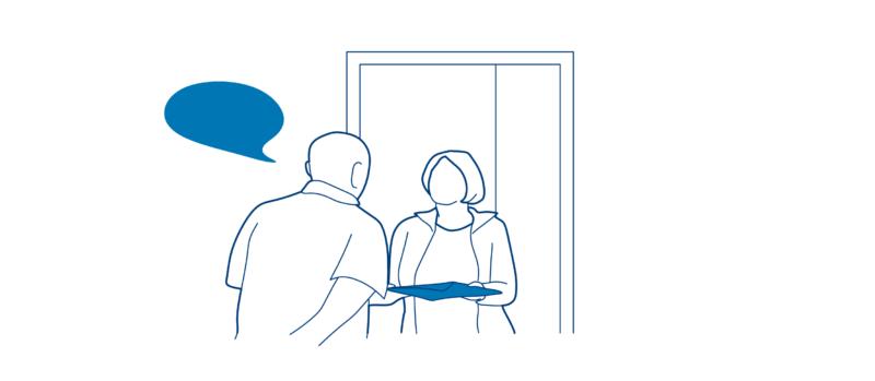 older adult woman handing out a heat plan to an older adult man, in the elevator lobby